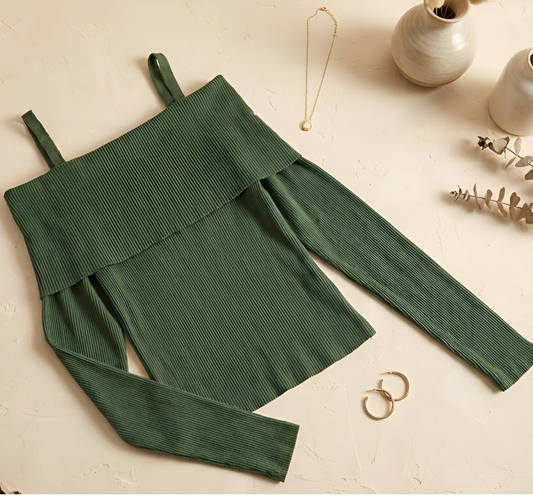 Olive Green Ribbed Cold-Shoulder Knit Top