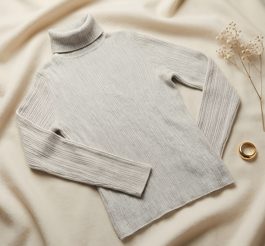 Light Grey Ribbed Turtleneck Knit Sweater