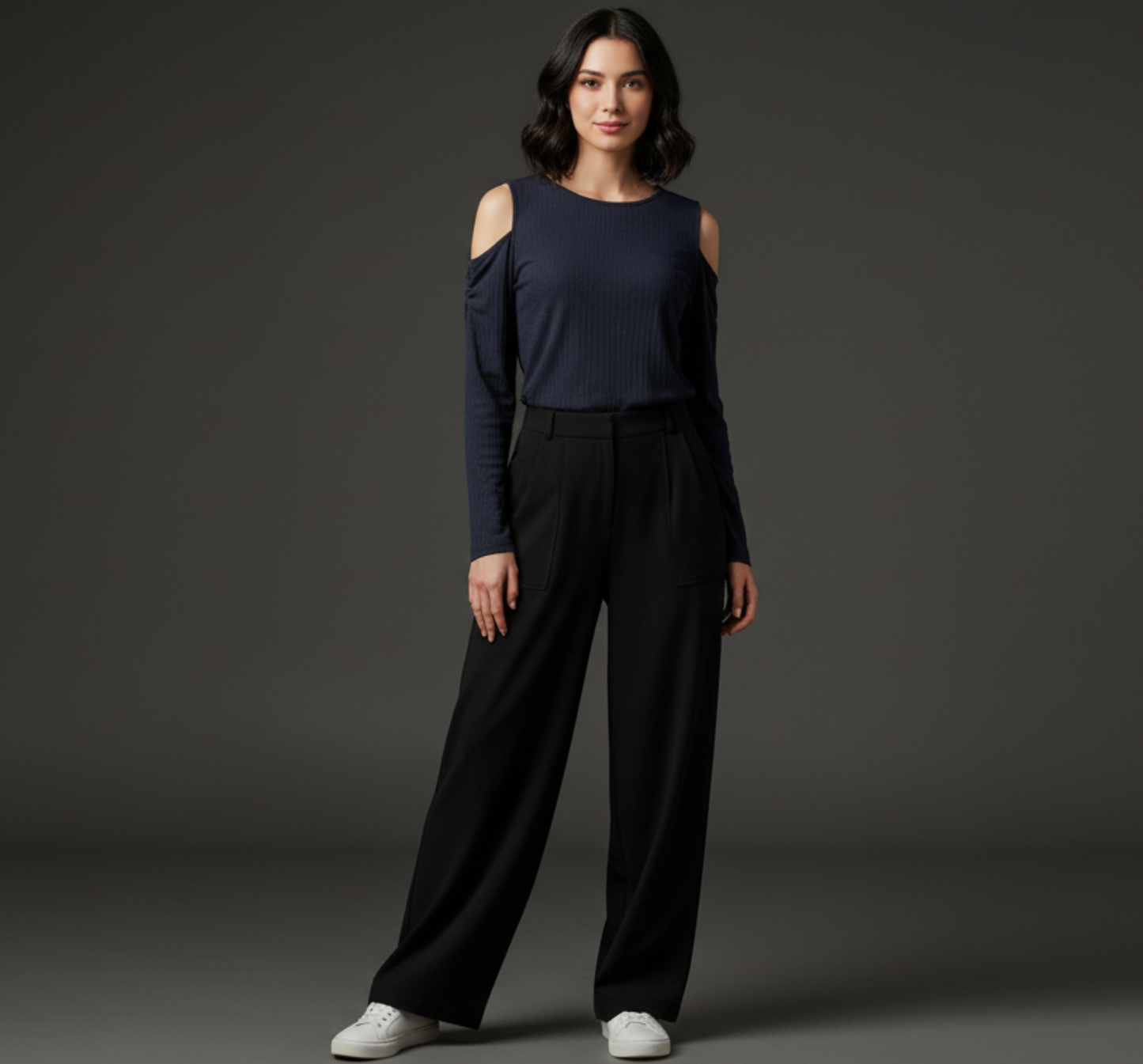 Black Cold-Shoulder Ribbed Long Sleeve Top