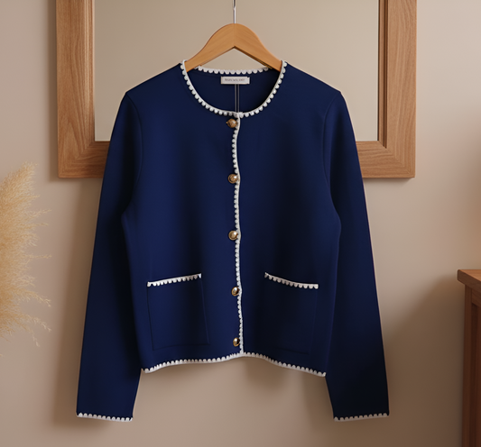 Navy Blue Cardigan-White Pearl Trim