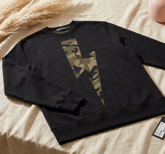 Black Crewneck Sweatshirt with Camouflage Lightning Print