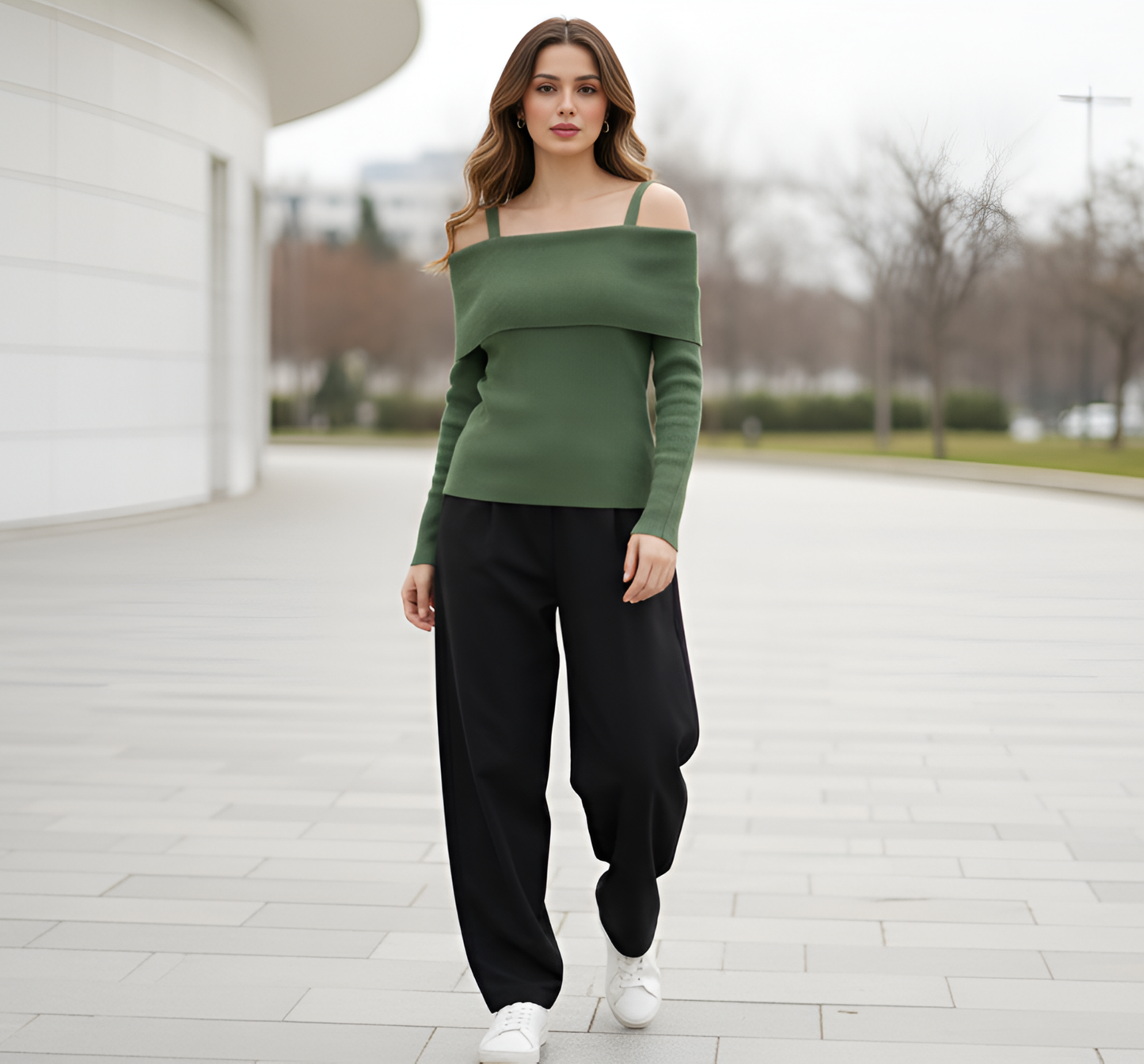 Olive Green Ribbed Cold-Shoulder Knit Top