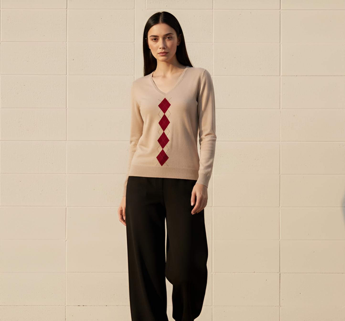 Beige Argyle Knit V-Neck Sweater