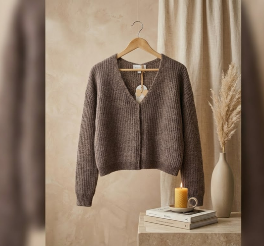 Brown Ribbed V-Neck Knit Cardigan