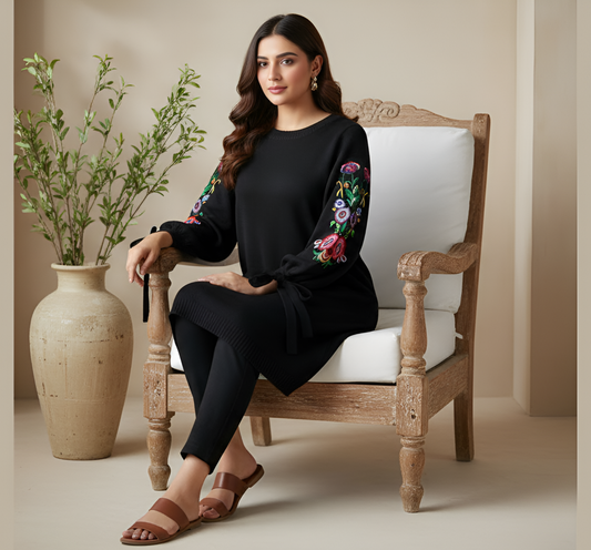 Black Embroidered-Winter Knit Dress