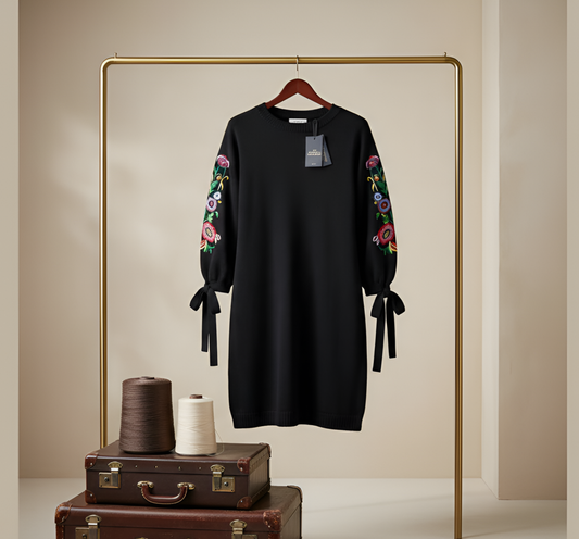 Black Embroidered-Winter Knit Dress