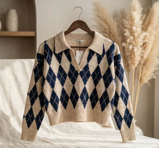 Beige & Navy Argyle Knit V-Neck Sweater for Women