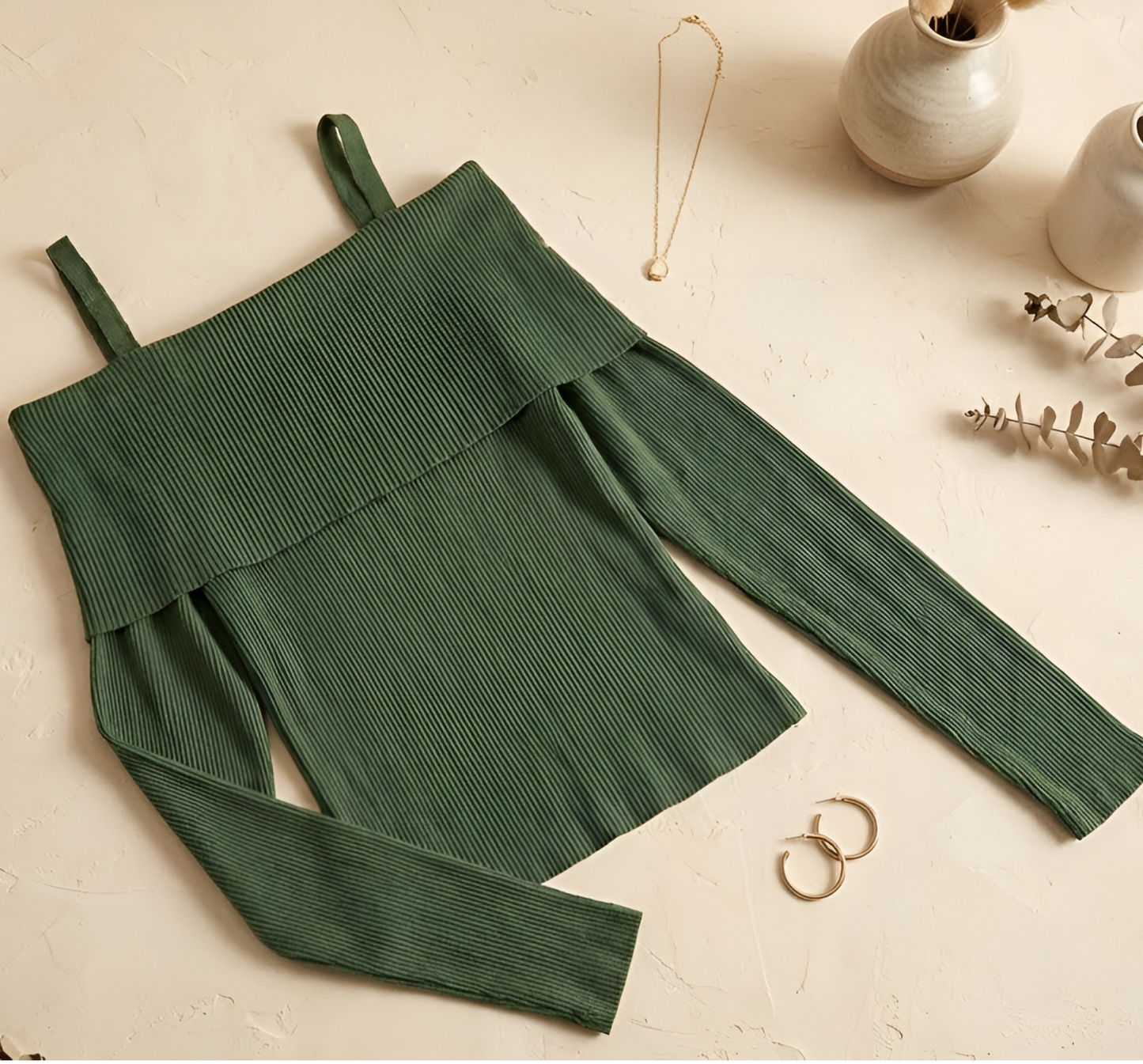 Olive Green Ribbed Cold-Shoulder Knit Top