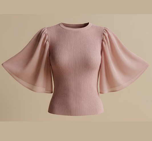 Blush Pink Ribbed Knit Top with Sheer Puff Sleeves