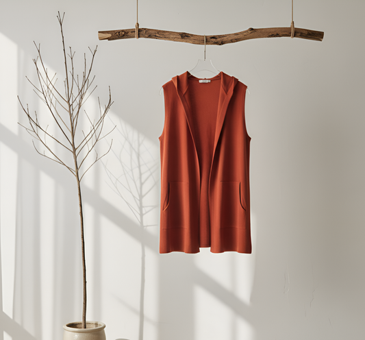 Rust Knit-Sleeveless Hooded Vest