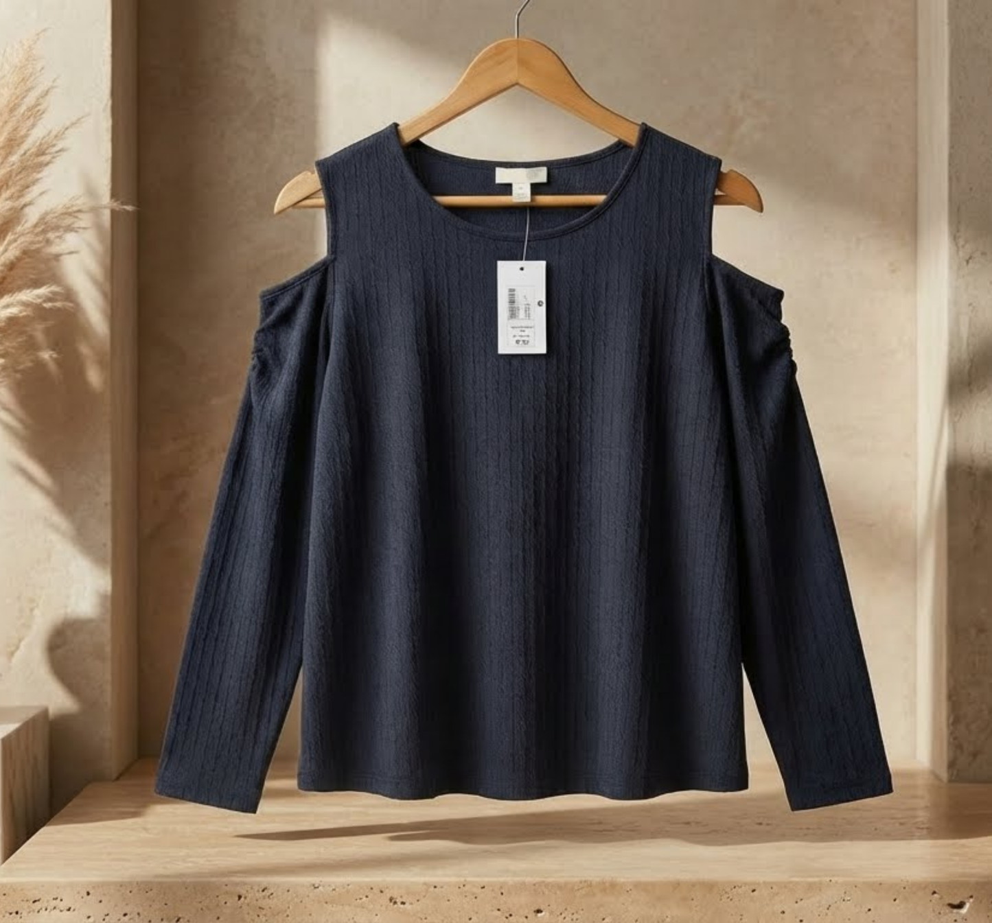 Black Cold-Shoulder Ribbed Long Sleeve Top