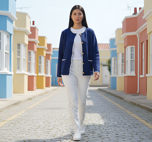 Navy Blue Cardigan-White Pearl Trim