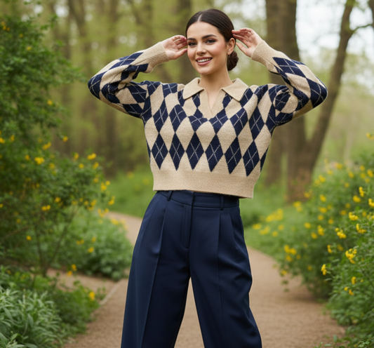 Beige & Navy Argyle Knit V-Neck Sweater for Women