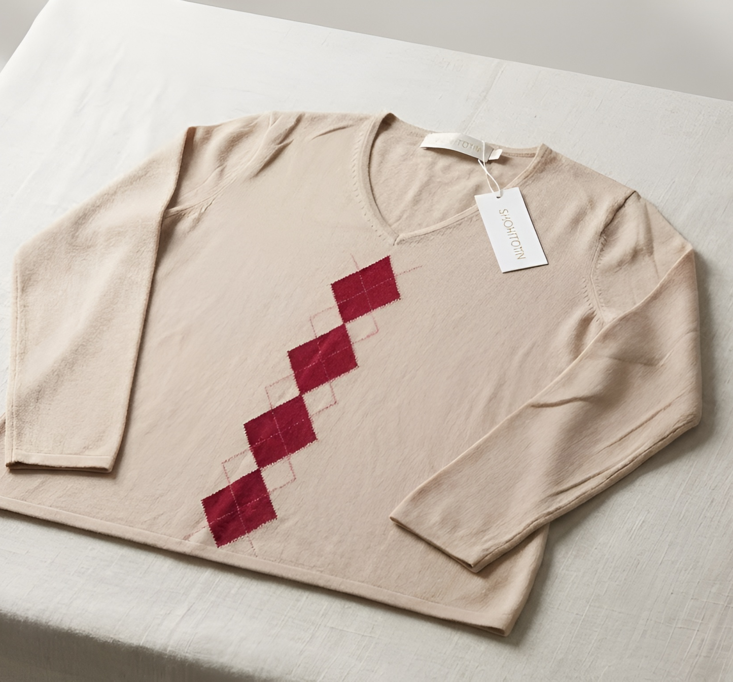 Beige Argyle Knit V-Neck Sweater