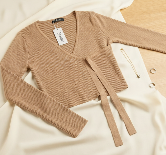 Beige Ribbed Wrap-Style Knit Cardigan Top