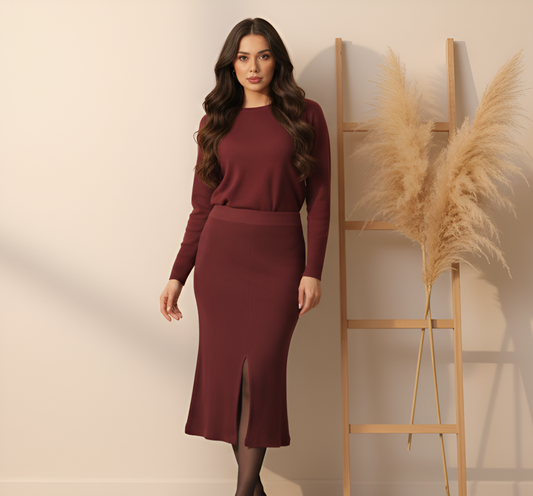 Brown Front-Slit Midi Skirt