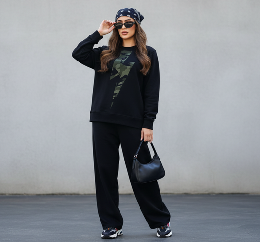 Black Crewneck Sweatshirt with Camouflage Lightning Print