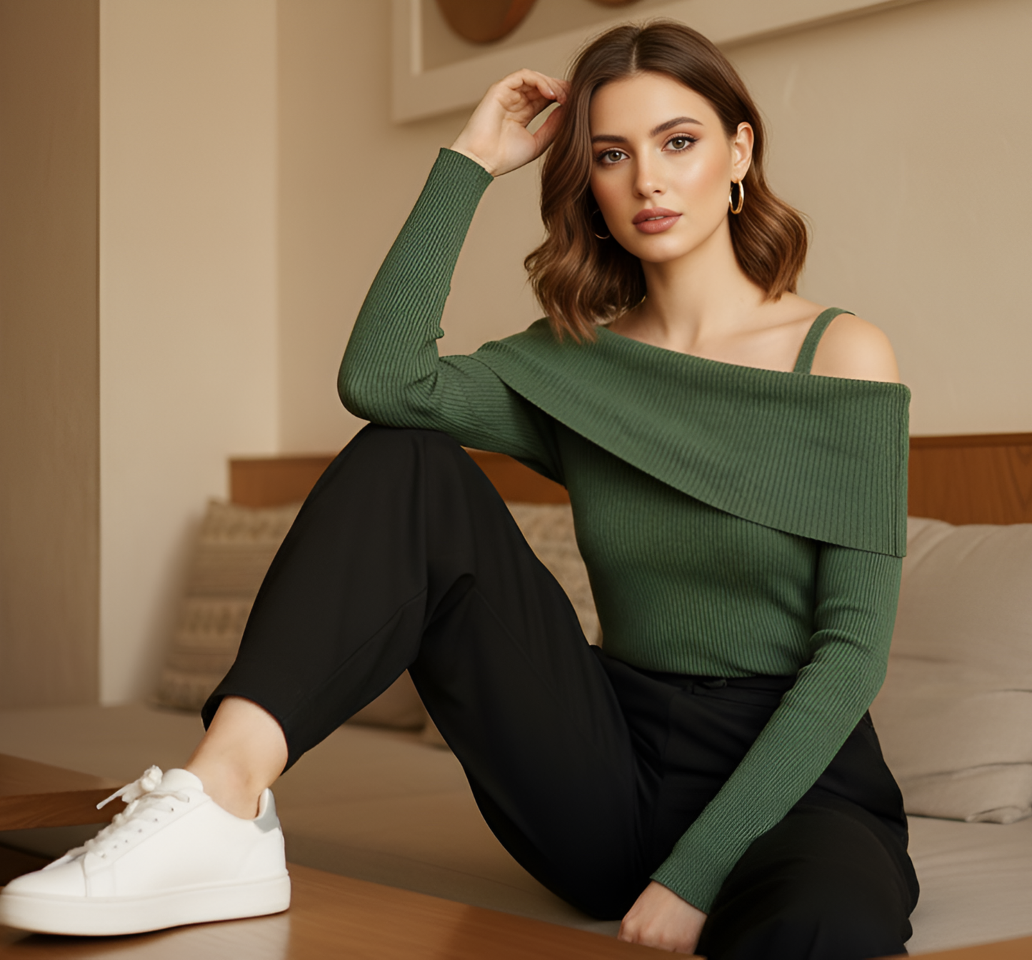 Olive Green Ribbed Cold-Shoulder Knit Top