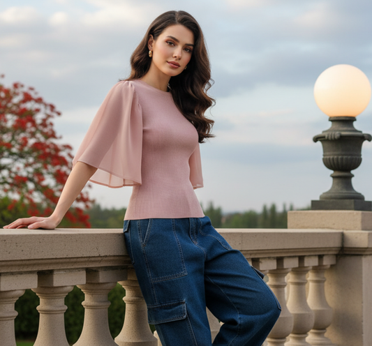 Blush Pink Ribbed Knit Top with Sheer Puff Sleeves