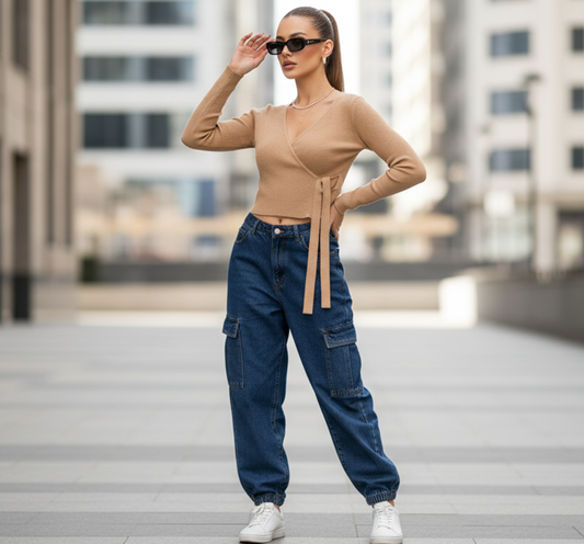 Beige Ribbed Wrap-Style Knit Cardigan Top