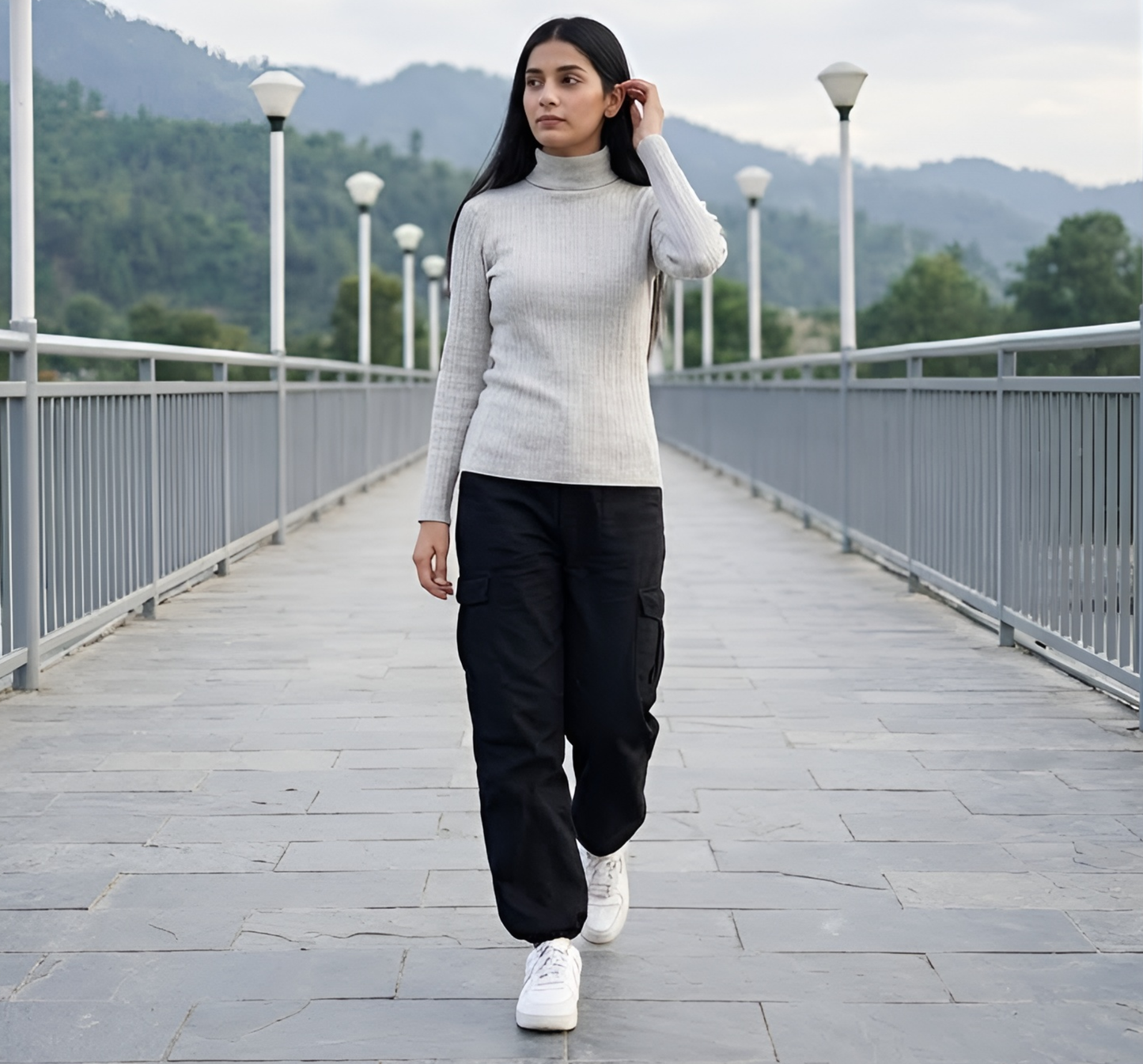 Light Grey Ribbed Turtleneck Knit Sweater