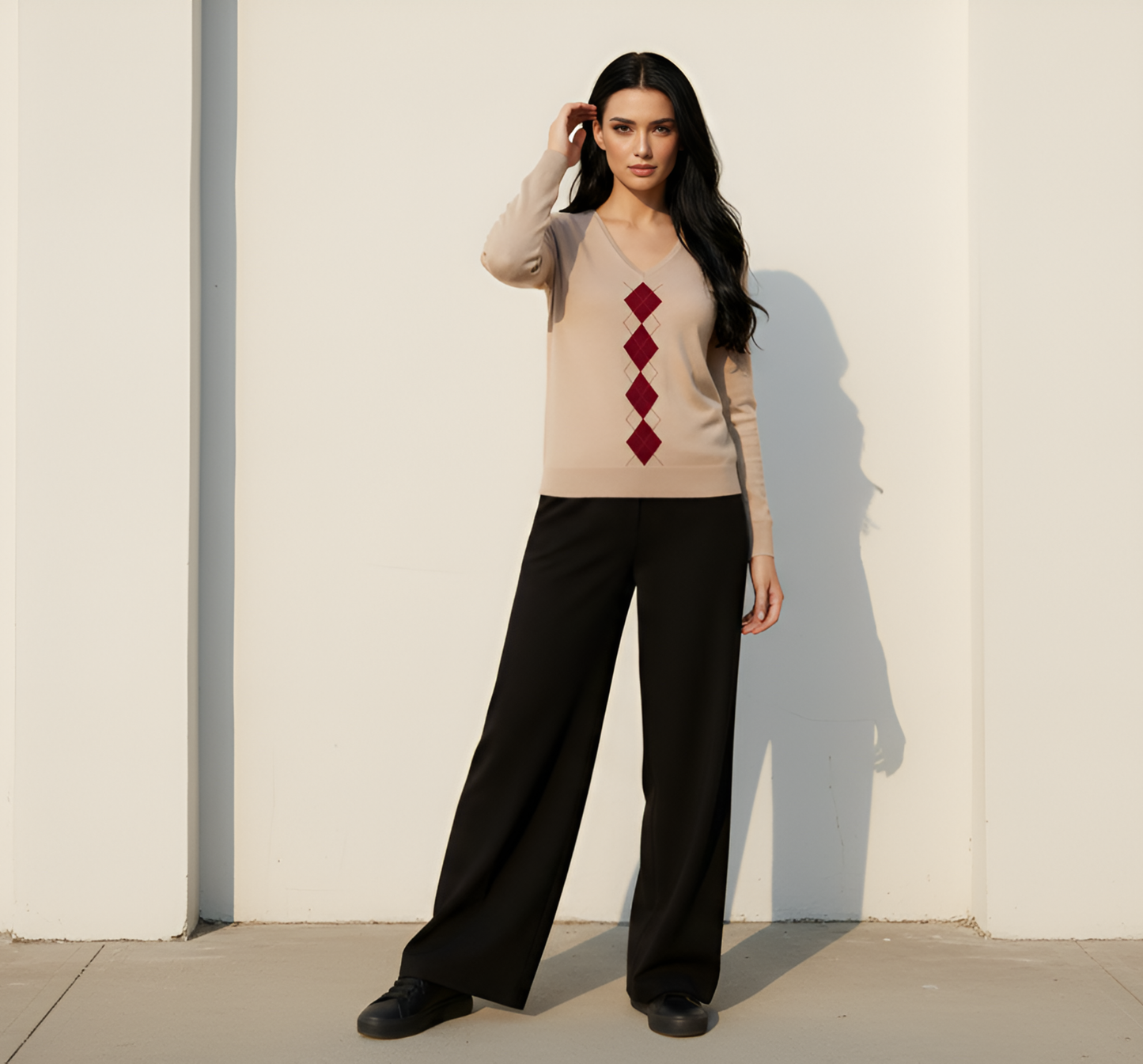 Beige Argyle Knit V-Neck Sweater