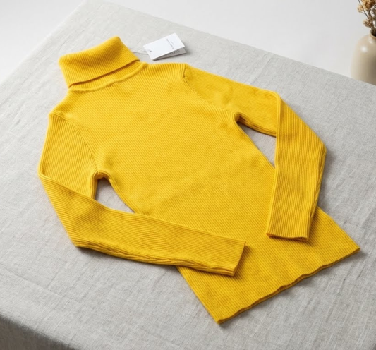 Mustard Yellow Ribbed Turtleneck Knit Sweater