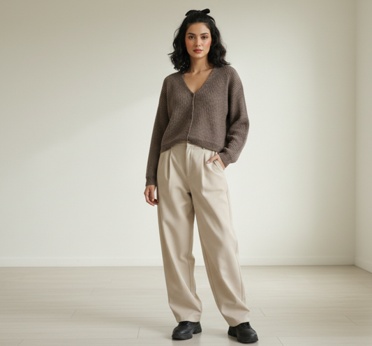 Brown Ribbed V-Neck Knit Cardigan