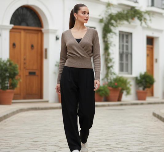 Rose Gold Glitter Wrap-Style Knit Top for Women