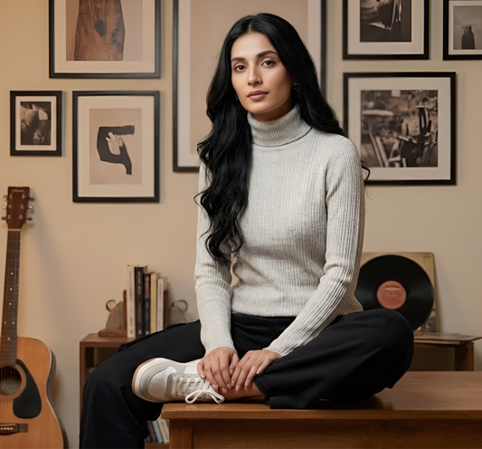 Light Grey Ribbed Turtleneck Knit Sweater